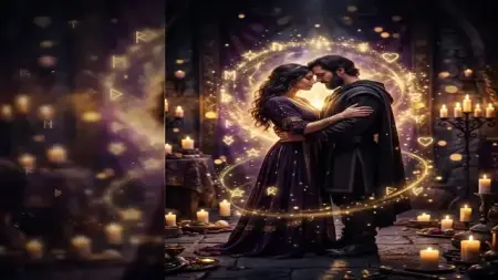 Pareja en una atmósfera mística dorada, representa los amarres de amor ancestrales