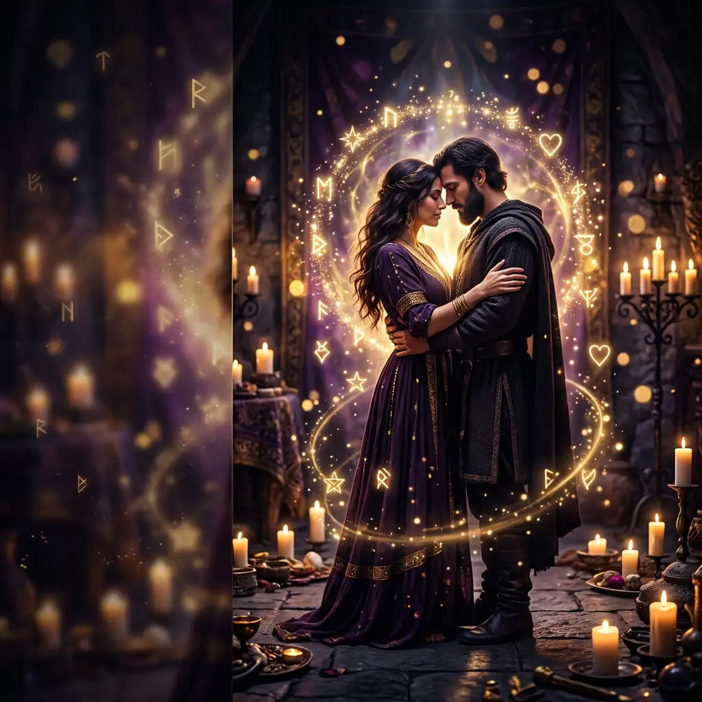 Pareja en una atmósfera mística dorada, representa los amarres de amor ancestrales