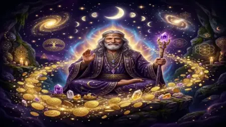 Maestro espiritual rodeado de luz dorada, cristales y símbolos de abundancia