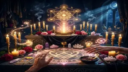 Altar místico con velas, cristales y flores para rituales de amor