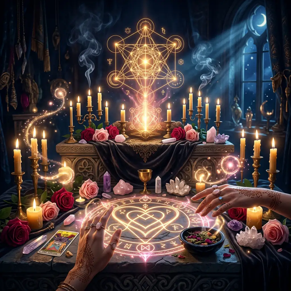 Altar místico con velas, cristales y flores para rituales de amor